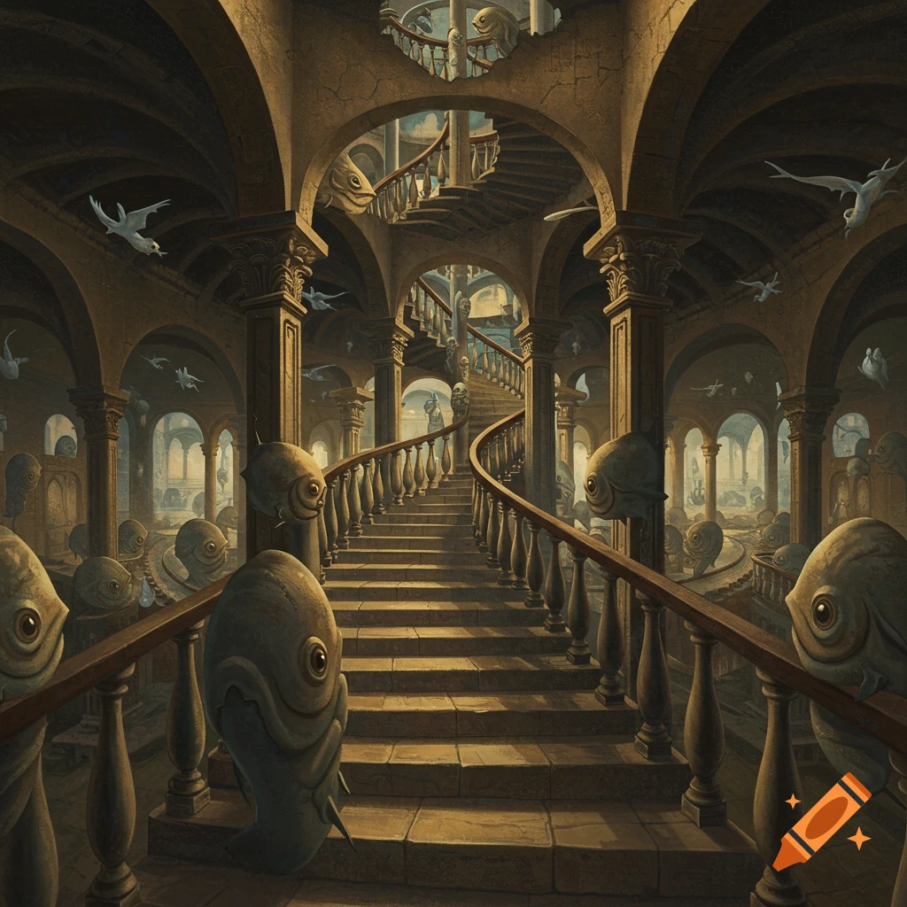 A surreal, ornate hall with a winding staircase, populated by numerous fish-like creatures in an Escher-esque architectural style.