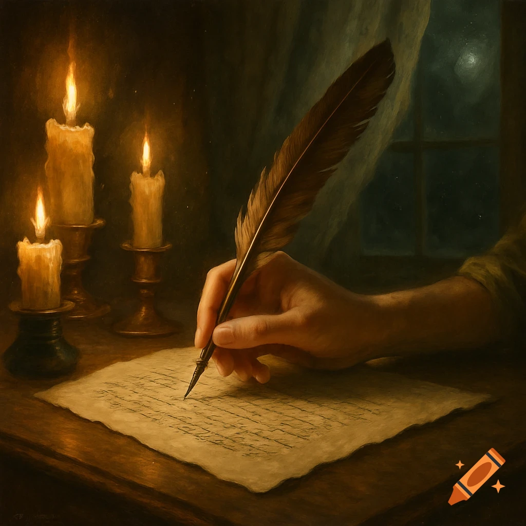 A hand holding a quill pen writes on parchment paper, illuminated by candlelight in a dark room.