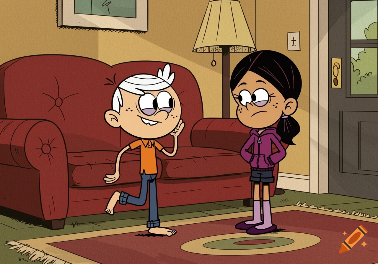 Cartoon characters Lincoln Loud, barefoot in orange polo and jeans, wiggles his toes while Ronnie Anne, in a purple hoodie and shorts, looks at him.