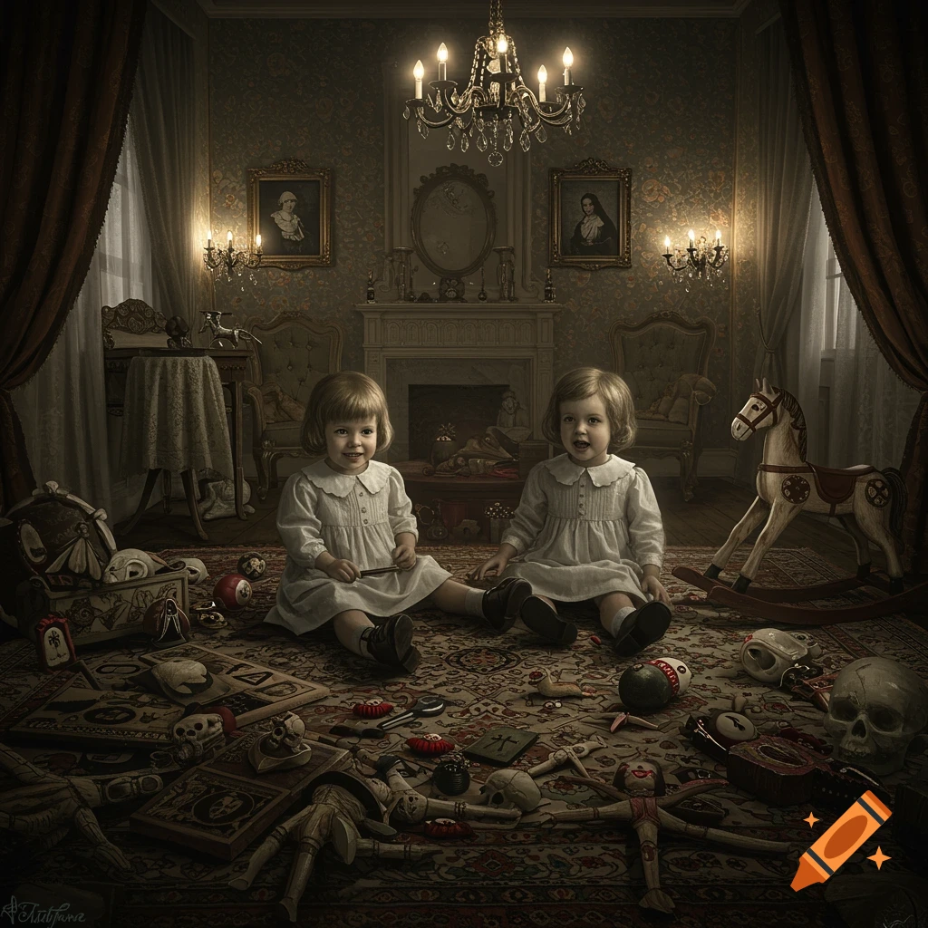 Two innocent-looking children playing on a rug in a dimly lit vintage nursery, surrounded by sinister, occult-themed toys and skulls.