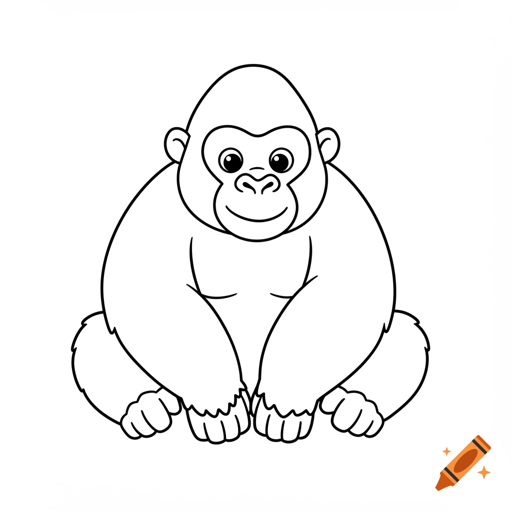 Cute cartoon gorilla sitting in black-and-white line art, children's coloring book style.