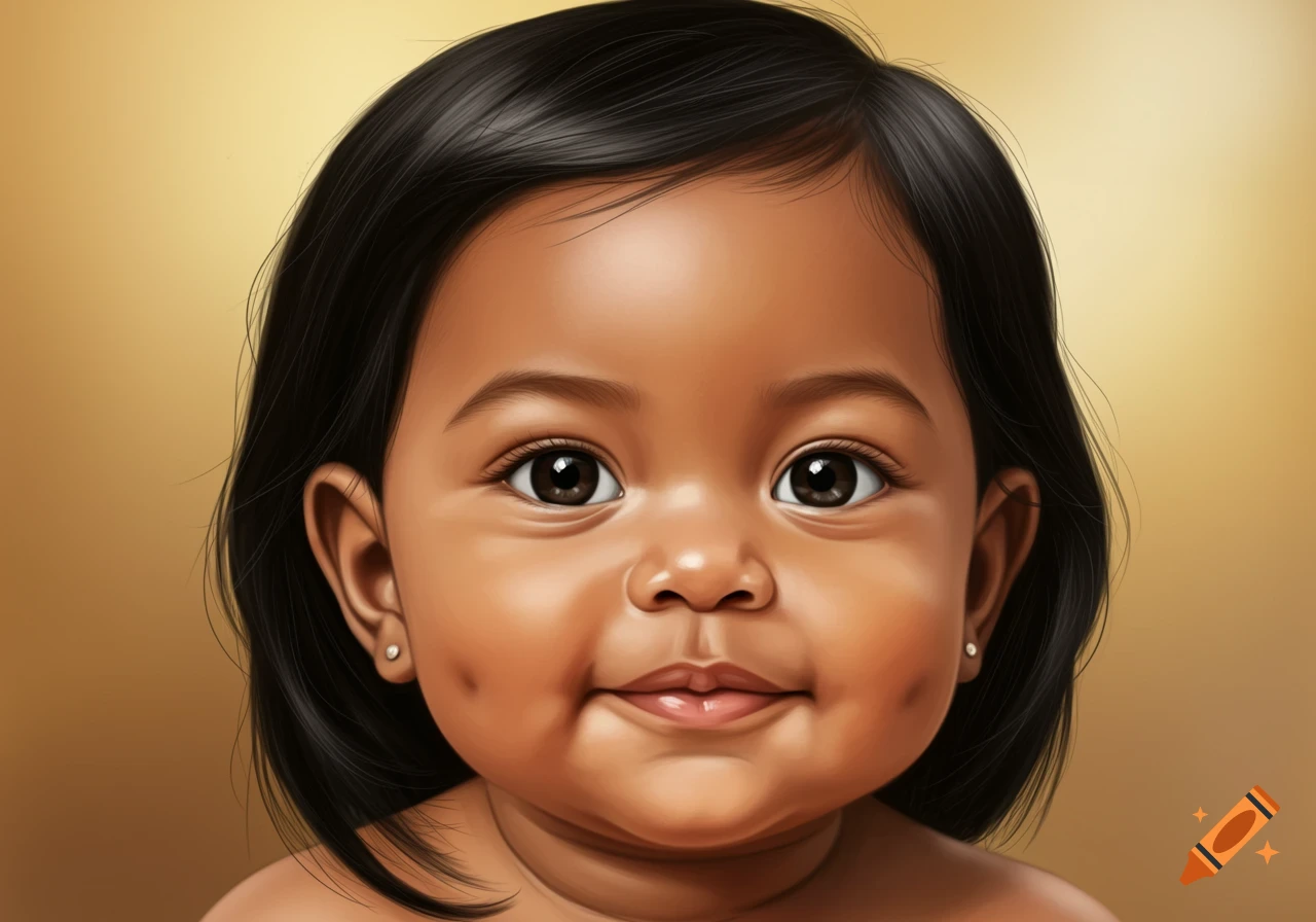 Stylized illustration of a smiling baby with dark hair, dark eyes, and dimples, against a golden background.