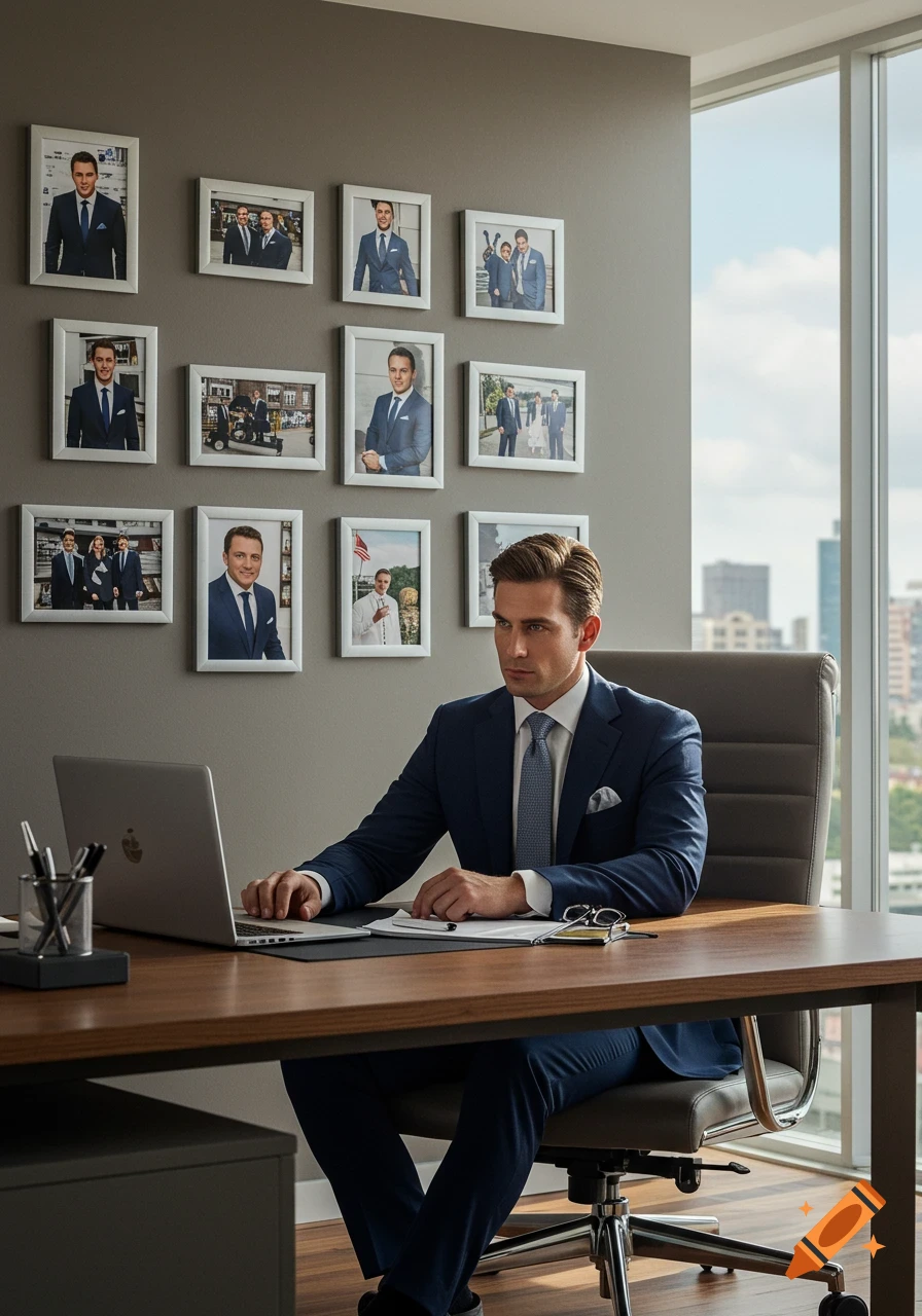 A man in a suit works on a laptop at a desk in a modern office with twelve framed photos of himself on the wall.