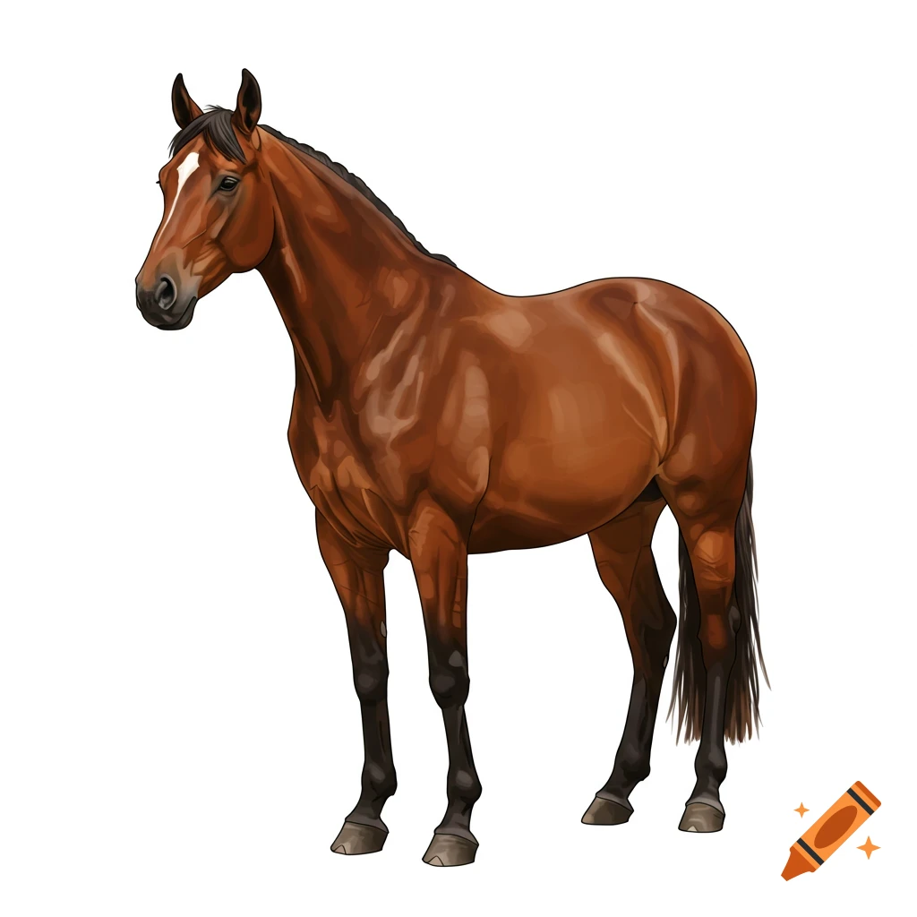 A brown horse with a white stripe on its face stands on a white background in a cartoon style.