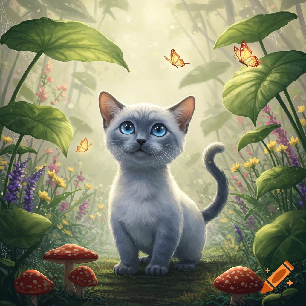 A cute white kitten with bright blue eyes sits in a whimsical, enchanted forest with colorful flowers, mushrooms, and butterflies.