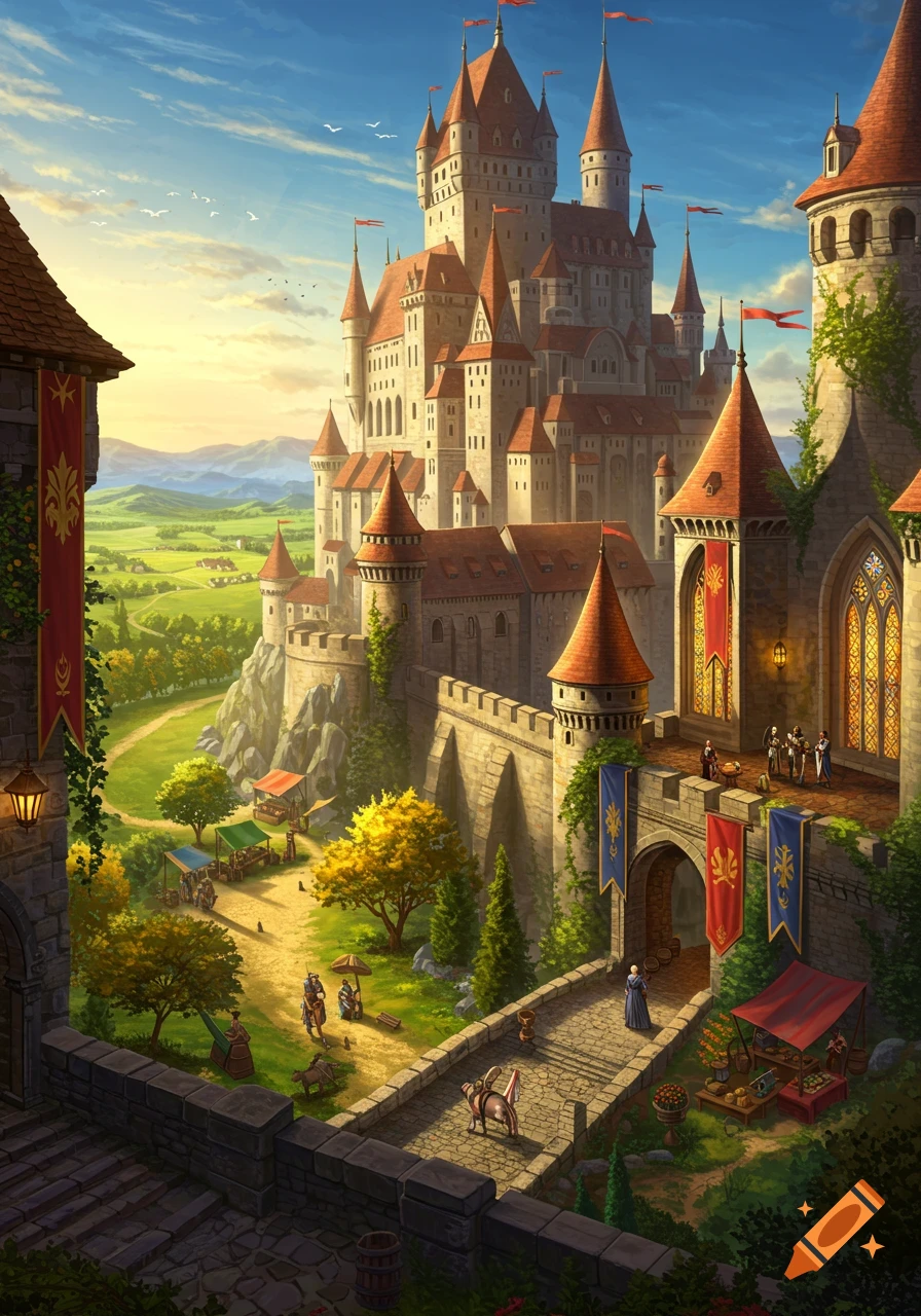 A vibrant fantasy illustration of a majestic castle on a hill overlooking a green valley, with a medieval market in the foreground.