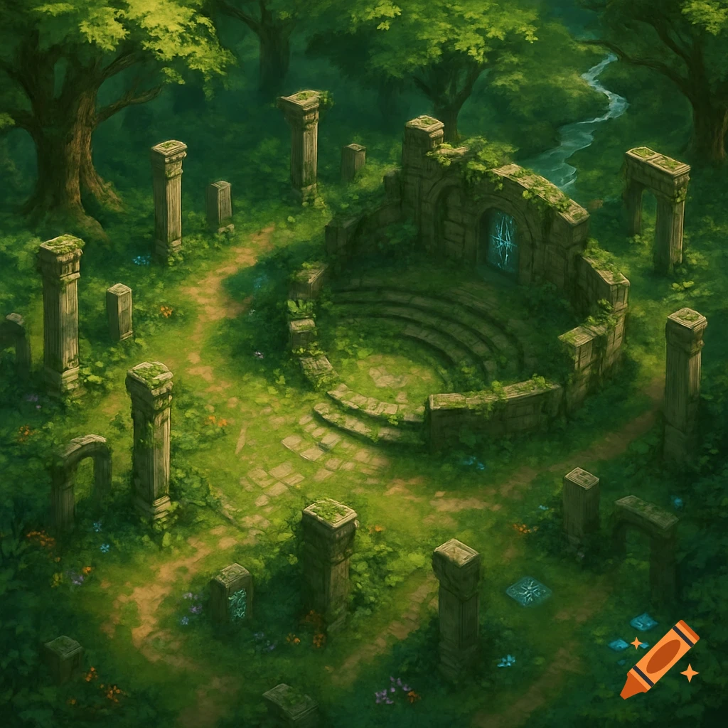 Overgrown ancient ruins with crumbling pillars and a circular structure in a lush, green forest, with a stream in the background. RPG map style.