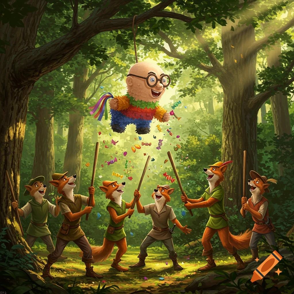 Anthropomorphic foxes dressed as Merry Men swing sticks at a bald nerd piñata, raining candies in a sunlit forest illustration.