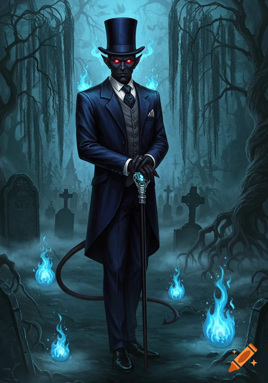 A tall, black-skinned demon with red eyes and a top hat stands in a misty, gothic cemetery amidst blue flames, holding a cane.