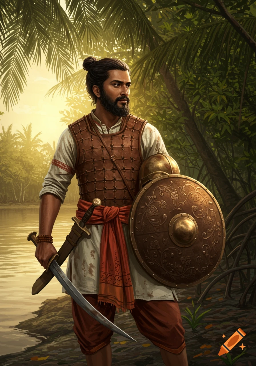 Painterly realism of a bearded Bengal warrior in leather armor, holding a sword and shield, by a mangrove river at golden hour.