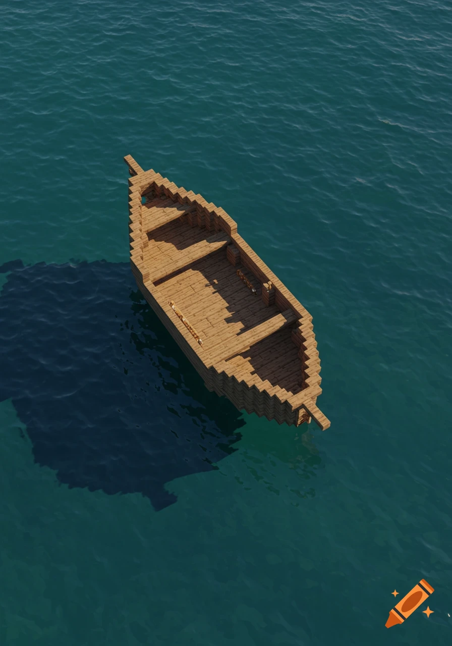 A top-down view of a pixelated wooden boat floating on teal blue ocean water.