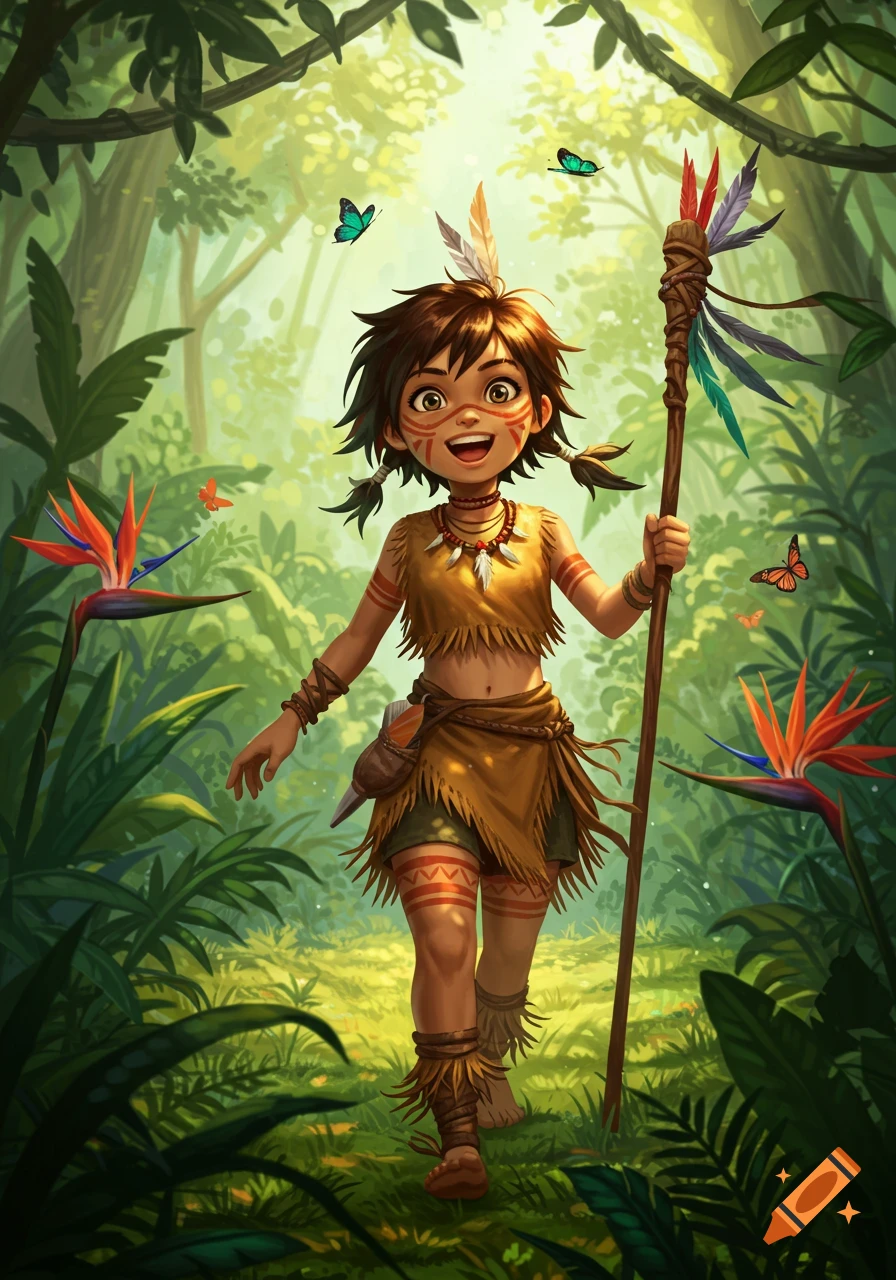 Vibrant illustration of a smiling tribal girl with face paint, holding a staff, walking through a lush jungle with butterflies.