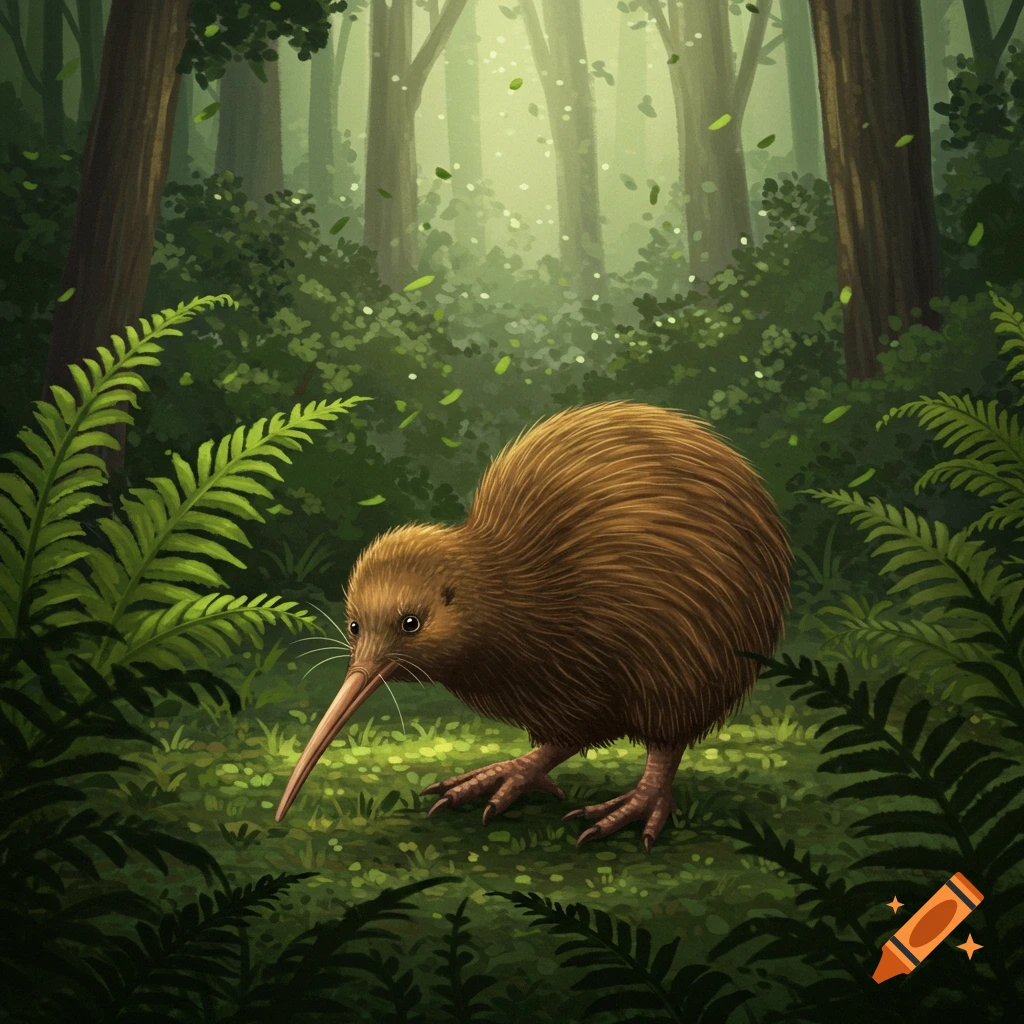 An illustrative depiction of a brown kiwi bird with a long beak, foraging among green ferns in a sunlit forest.
