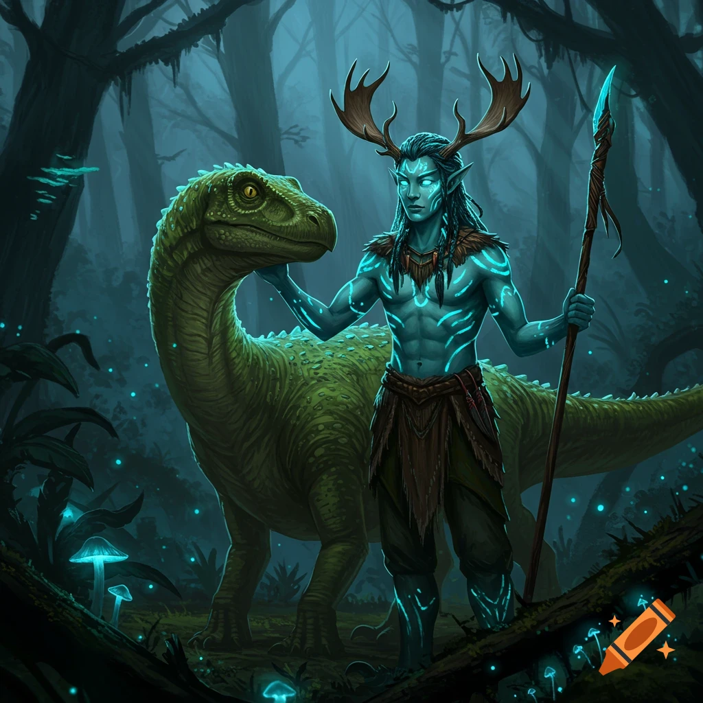 A turquoise elf with antlers and glowing marks pets a dinosaur in a dark, bioluminescent fantasy forest.