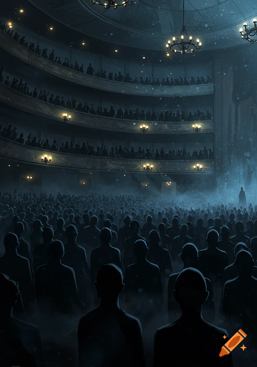 A large, dark theater filled with silhouetted figures, light particles falling, and ornate chandeliers overhead.