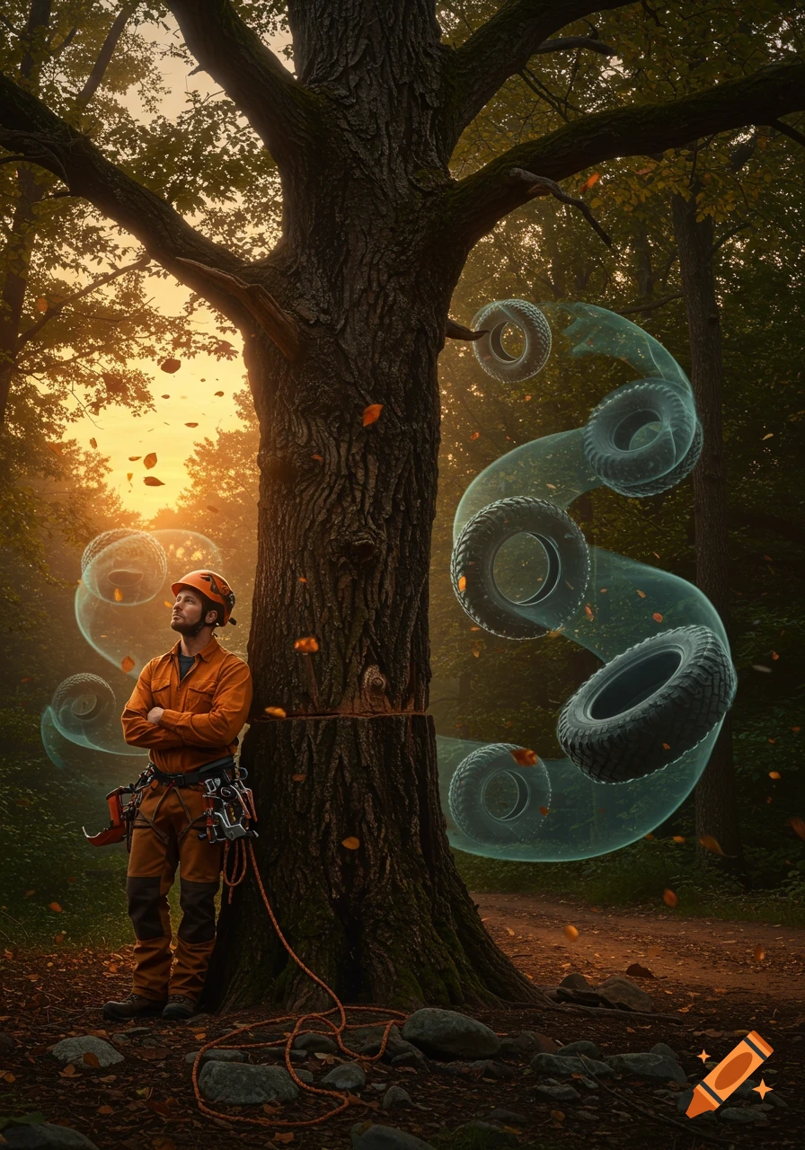 A tree surgeon stands next to a large tree at sunset in a forest, looking up at glowing, spiraling off-road tires.