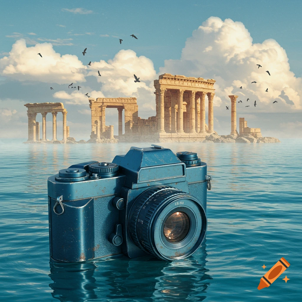 A rusty blue 80s camera floats in the calm ocean with ancient, ruined buildings rising from the water under a cloudy sky.