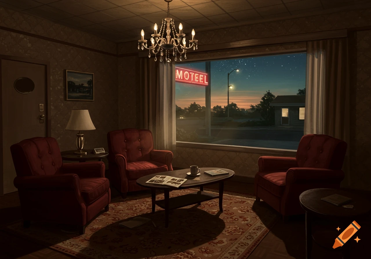 A dimly lit, vintage-style motel room interior with red armchairs and a coffee table, a 'MOTEL' neon sign visible through the window at dusk.