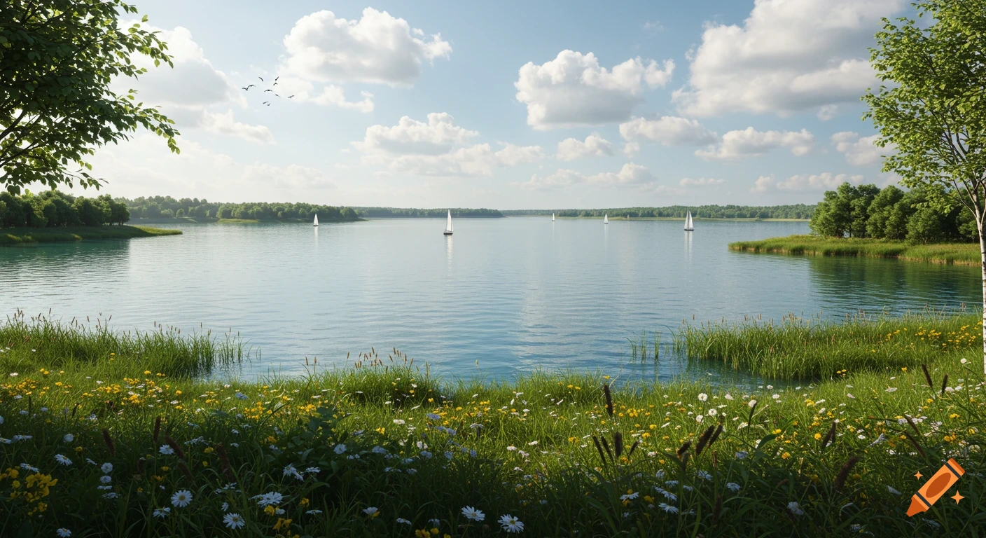 Photorealistic image of a wide lake with sailboats, lush green banks, wildflowers, and trees under a partly cloudy sky.