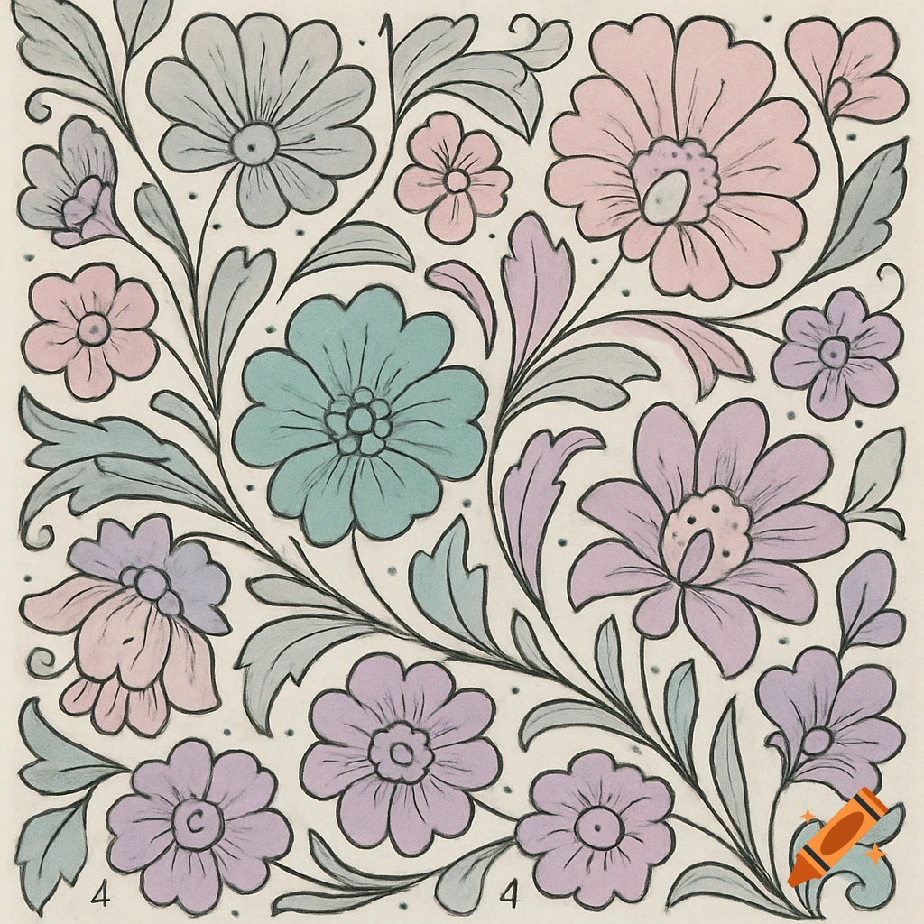 A pastel-colored floral pattern in Russian folk art style, with light pink, purple, turquoise, and gray flowers.