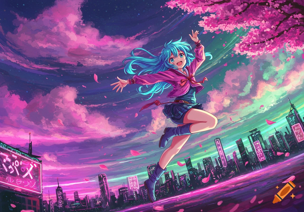 A vibrant anime girl with blue hair in a school uniform jumps joyfully above a neon cityscape at sunset, surrounded by pink cherry blossoms.