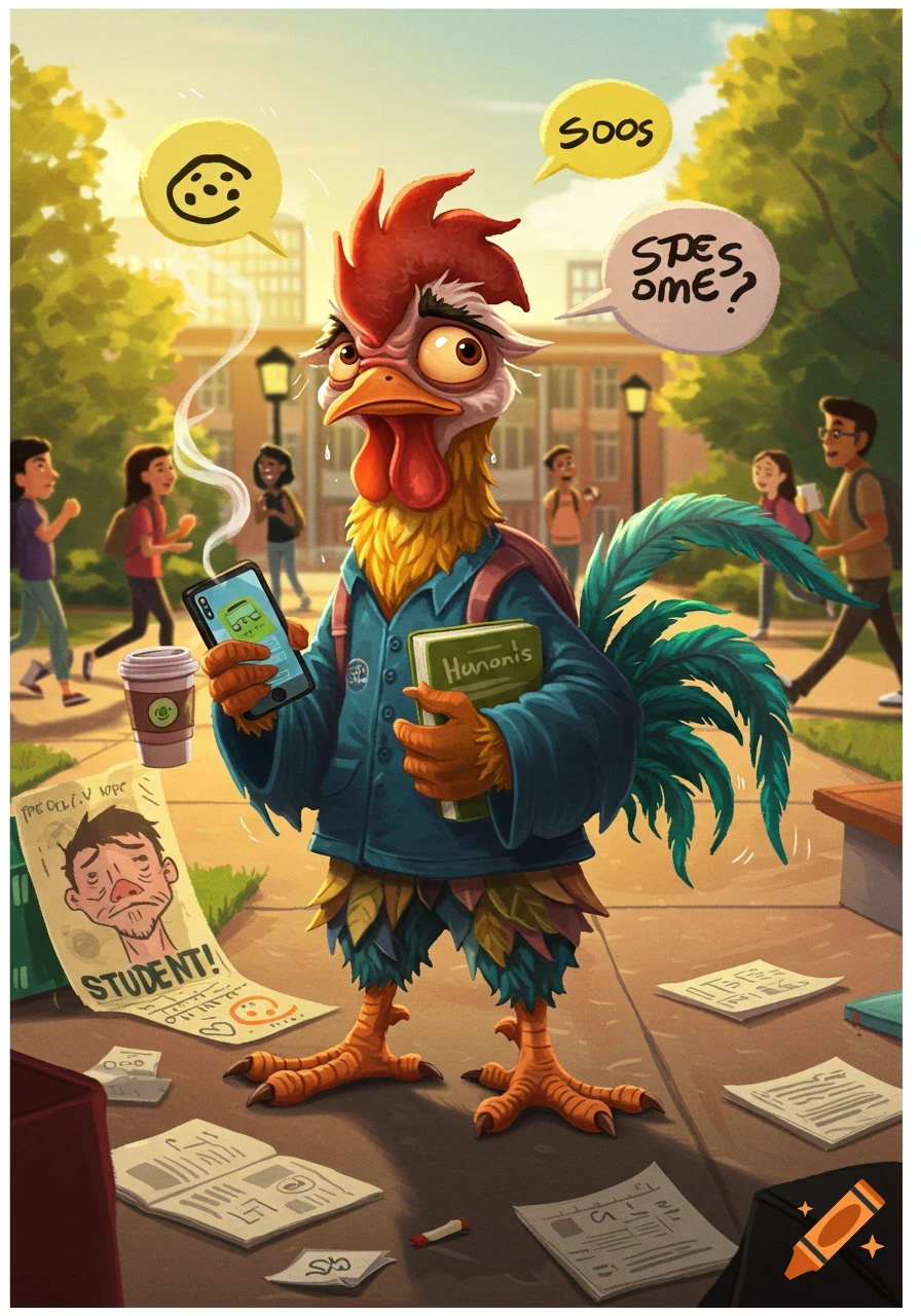 A cartoon rooster, Hayhay from Moana, looking stressed on a college campus, holding a book and a phone, with speech bubbles and papers with gibberish text around him.
