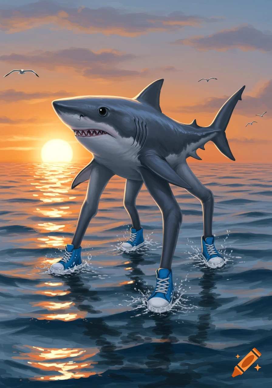 A shark with four human-like legs wearing blue sneakers walks through water at sunset, creating splashes.