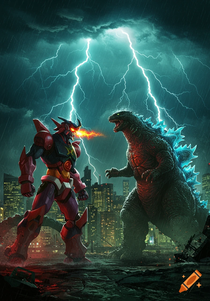 Giant red robot battles Godzilla in a stormy, destroyed city under lightning.