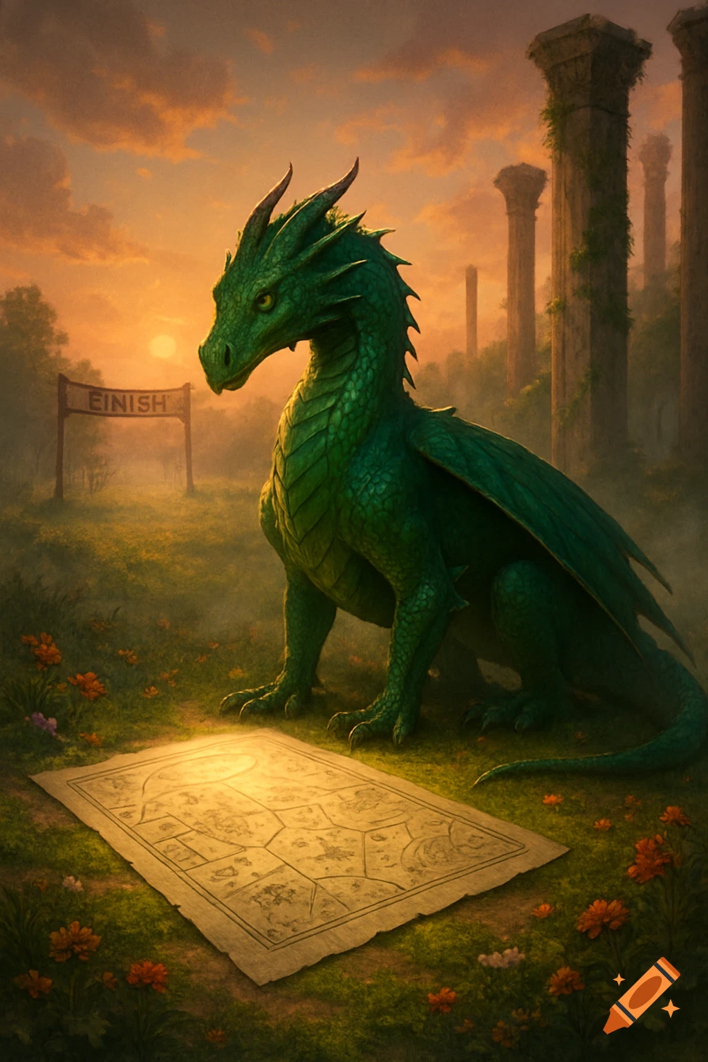 A green dragon sits on grassy ground looking at a glowing map, with a "FINISH" sign and ancient ruins in a sunset landscape.