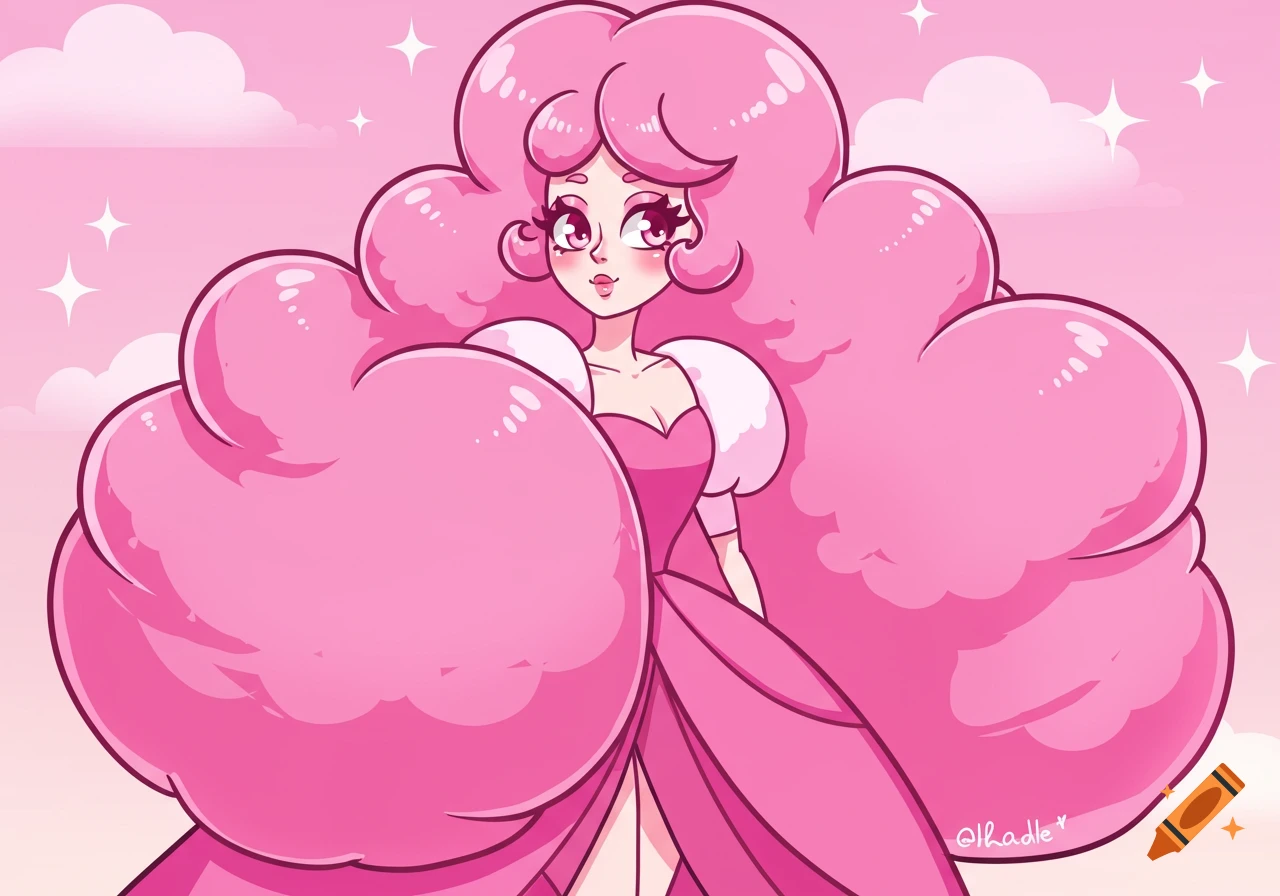 A cartoon lady with voluminous pink hair and a pink dress stands under a pink sky with clouds and stars.