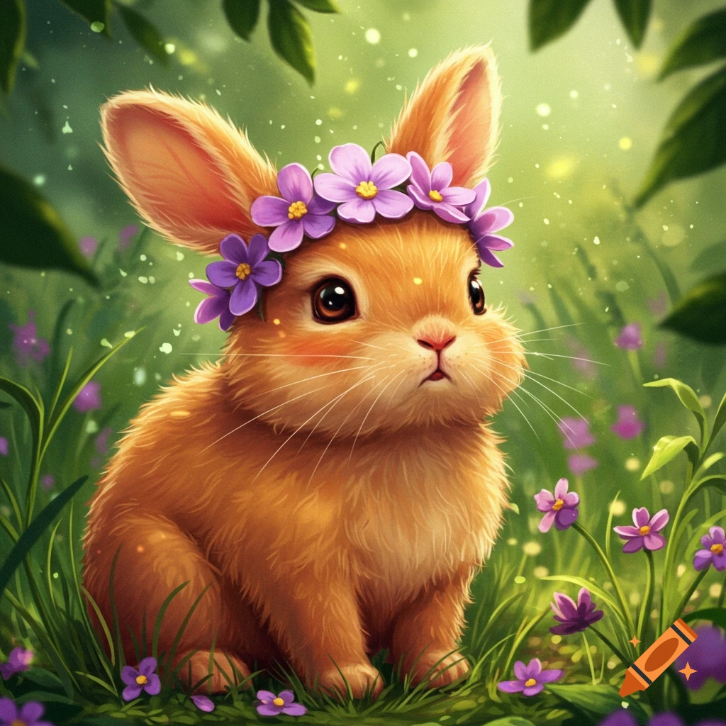 An adorable gingerbread-colored baby bunny wearing a purple flower crown sits in a vibrant green, flowery forest.