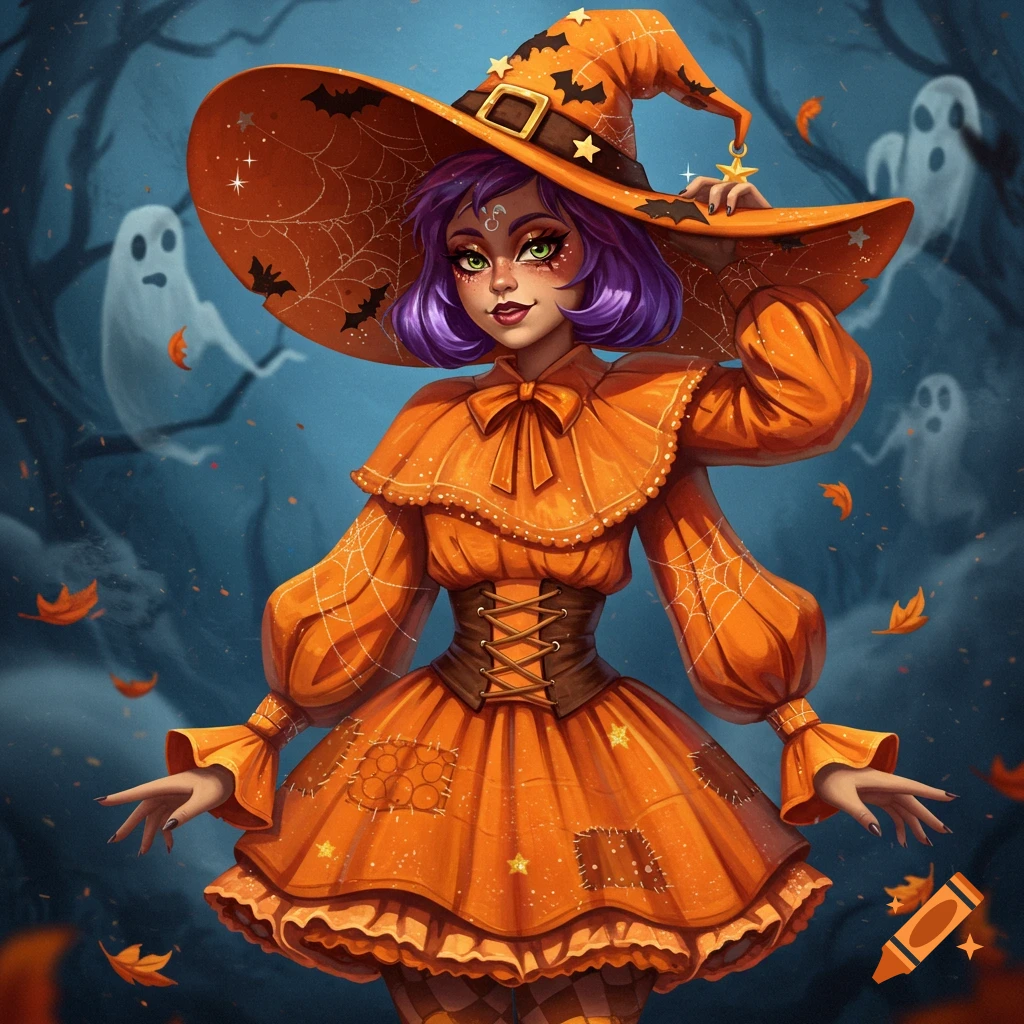 Digital illustration of a young witch in an orange pumpkin costume, purple hair, and pointy hat, holding a star in a spooky forest with ghosts and leaves.