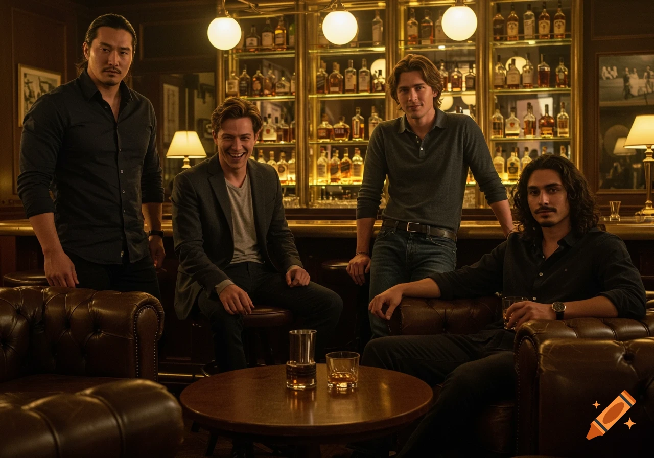 Four handsome men relax and socialize in a warm, atmospheric, photorealistic upscale bar lounge.