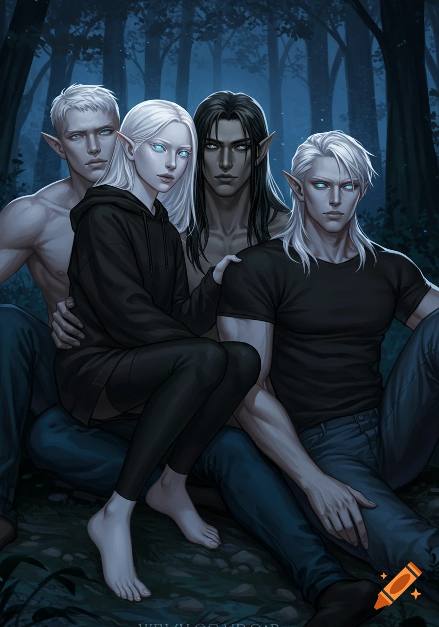 Digital art of four elves, one female and three male, with pale skin and glowing eyes, in a dark, mystical forest.