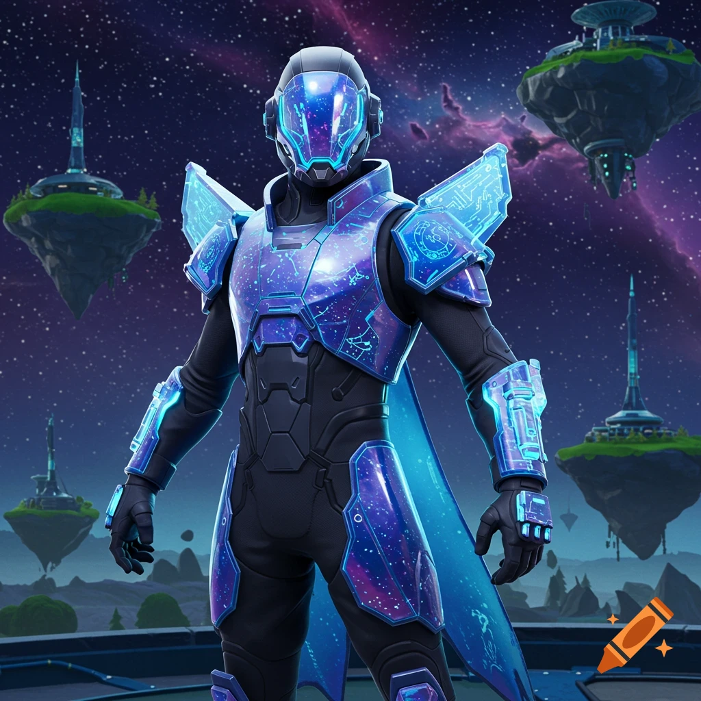 Futuristic soldier in glowing blue and purple cosmic armor stands in a space landscape with floating islands.