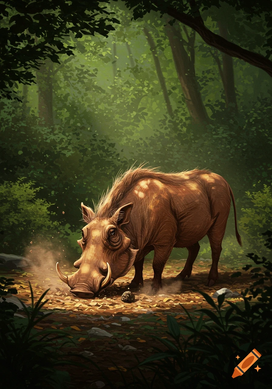 A digital illustration of a warthog with large tusks sniffing the forest floor in a lush, green woodland.