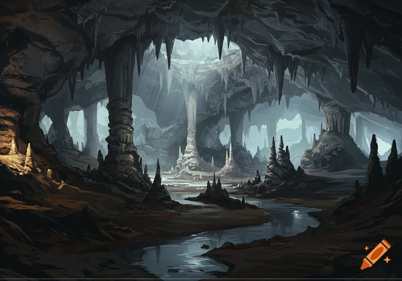 A detailed, atmospheric illustration of a vast cave interior with towering stalactites and stalagmites, a winding river, and light filtering from above.