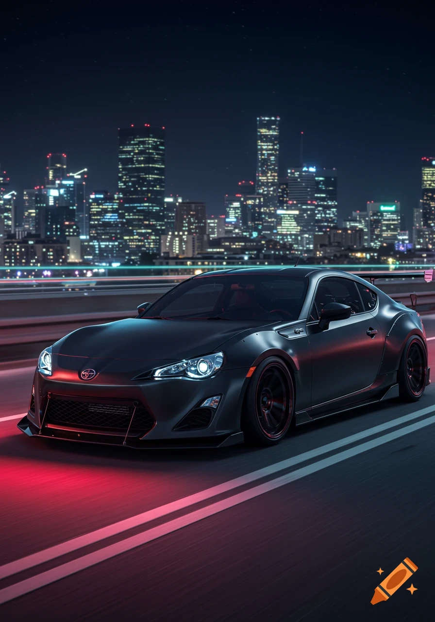 A dark gray sports car with red underglow drives on a city bridge at night, with a blurred skyline in the background.