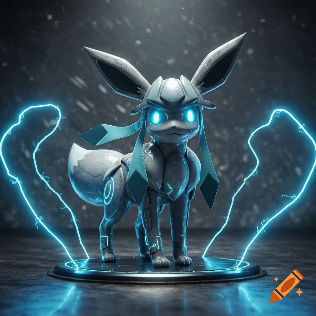 A gray, metallic, armored Eevee evolution, glowing with blue energy, stands on a dark circular platform against a dark, textured background.
