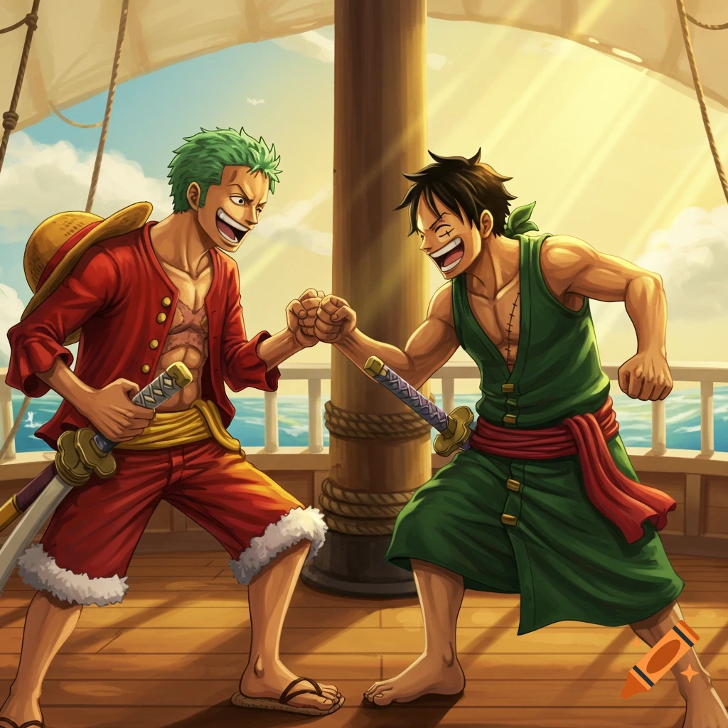 Luffy and Zoro from One Piece fist-bumping on a sunny ship deck in an anime style.