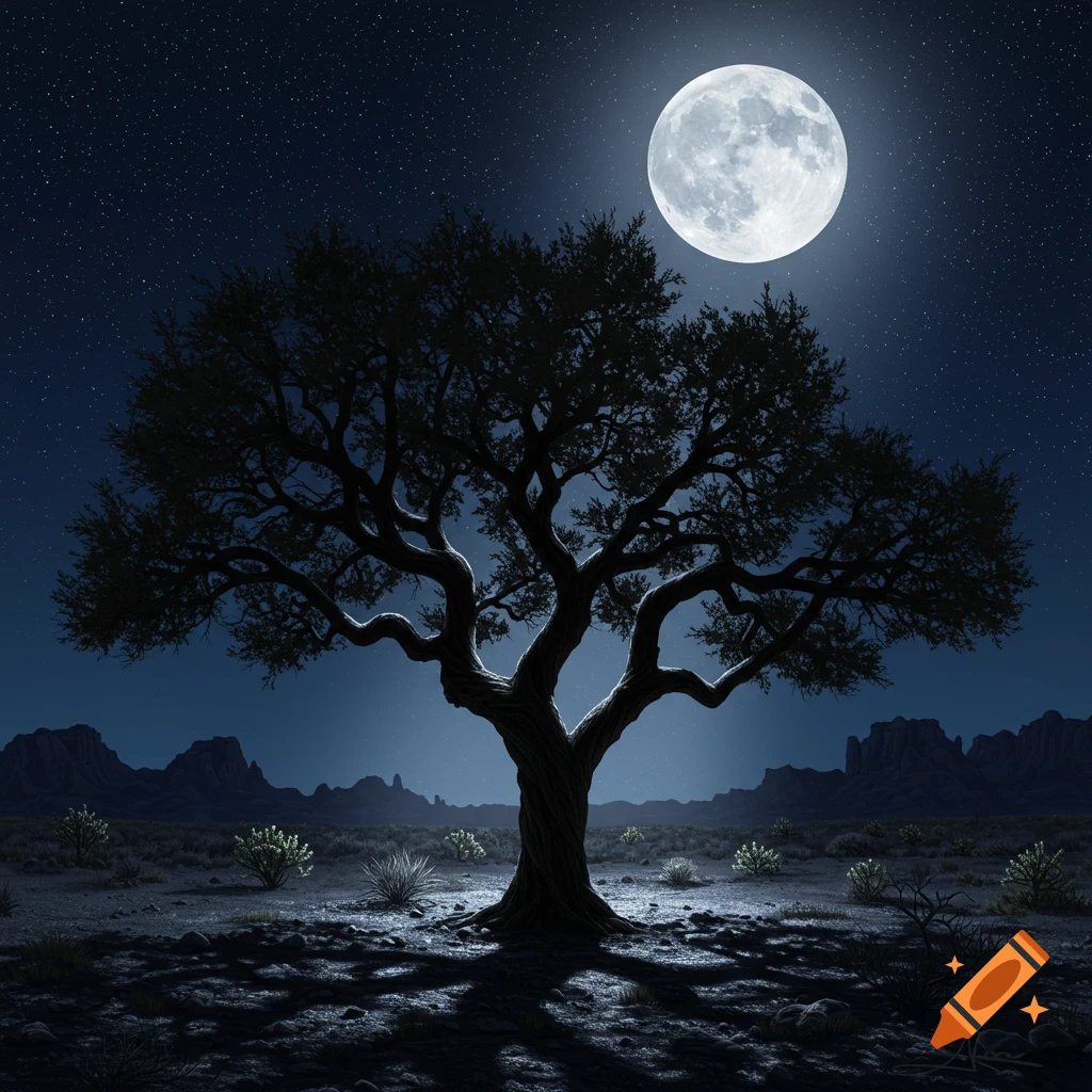 A large, gnarled tree is silhouetted against a starry night sky with a bright full moon over a desert landscape.