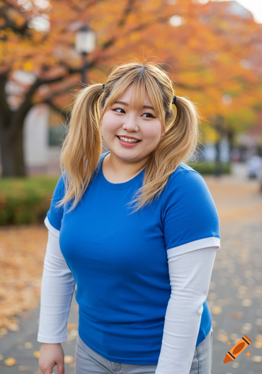 Photorealistic portrait of a smiling young woman with blonde twintails, wearing a blue shirt and gray pants, in an autumn park.