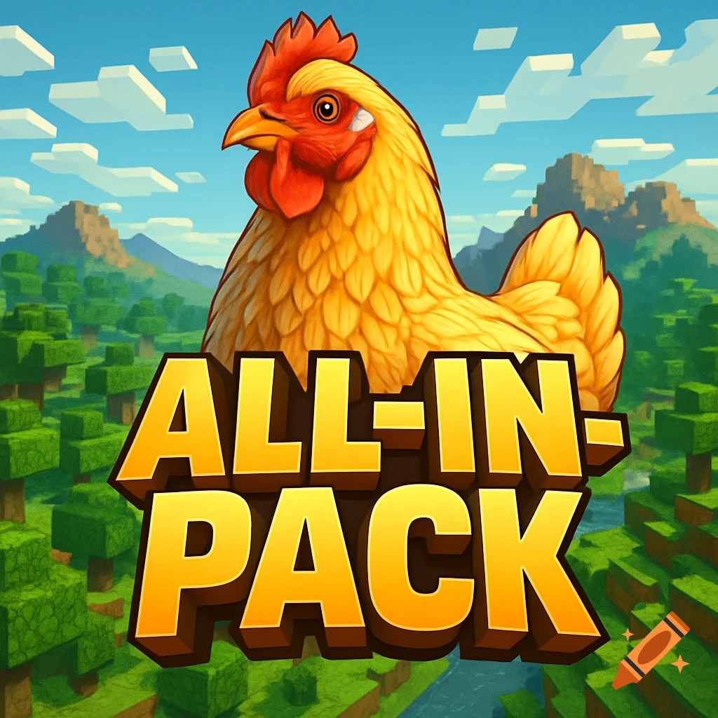 A stylized golden chicken over a blocky Minecraft landscape with bold, gold "ALL-IN-PACK" text.