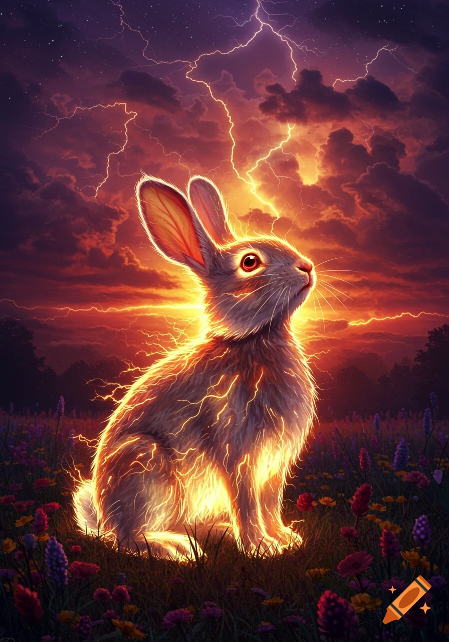 A glowing, electric rabbit sits in a field under a dramatic, stormy sky with bolts of lightning.