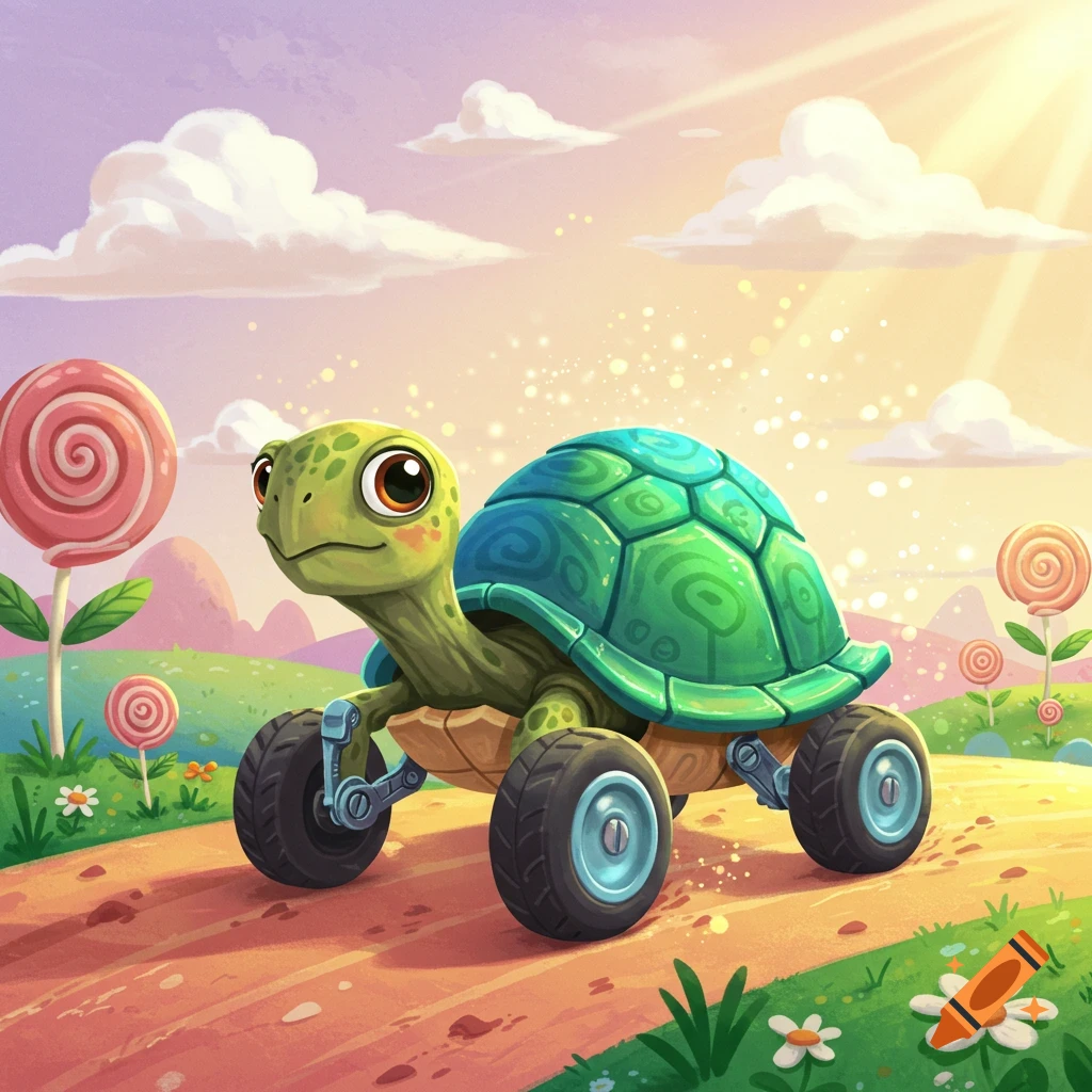 A cute, green cartoon turtle with teal wheels on a dirt path, surrounded by large lollipops and colorful hills under a sunny sky.