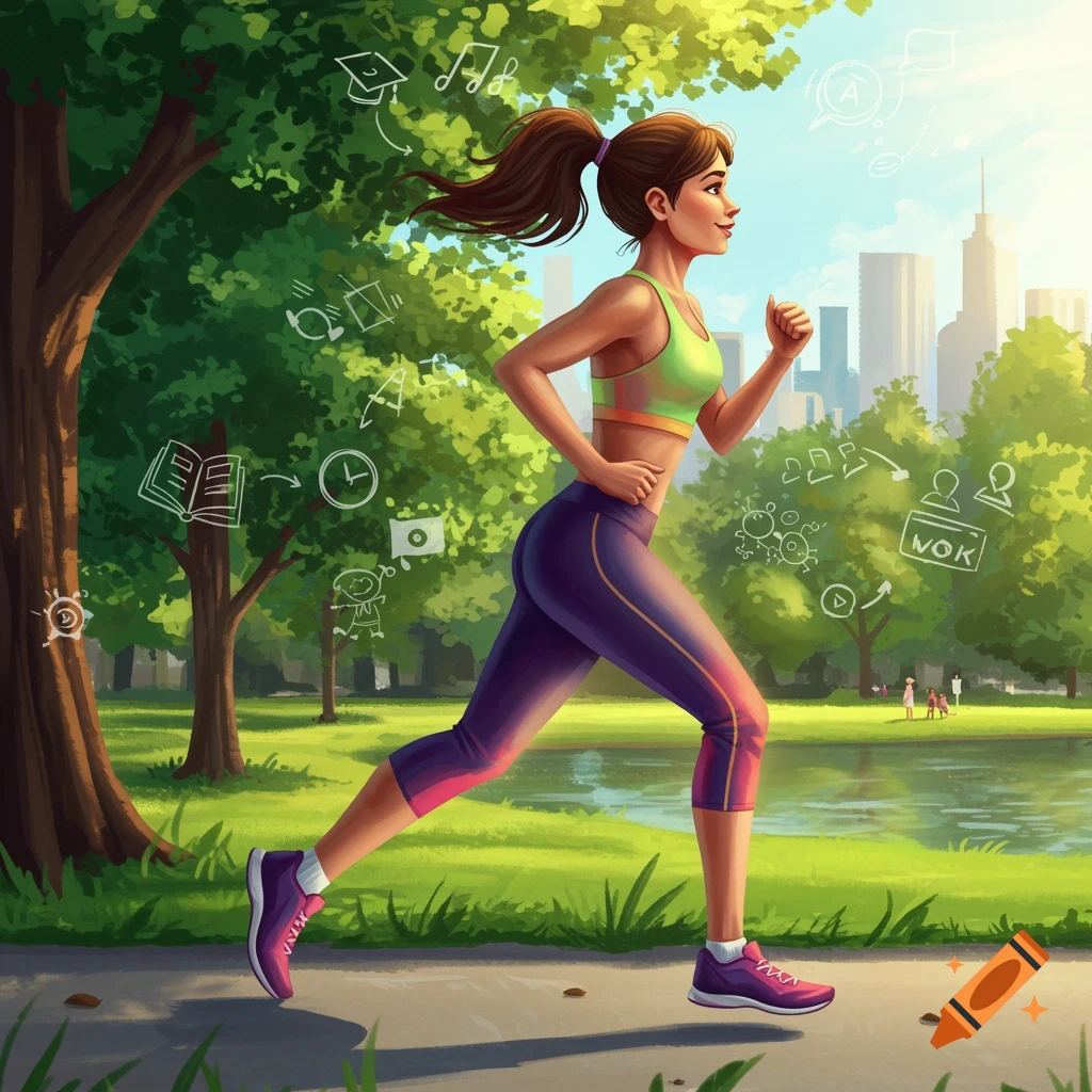 An illustrated woman with a ponytail, in a sports bra and leggings, jogs through a park with white thought doodles and a city skyline in the background.