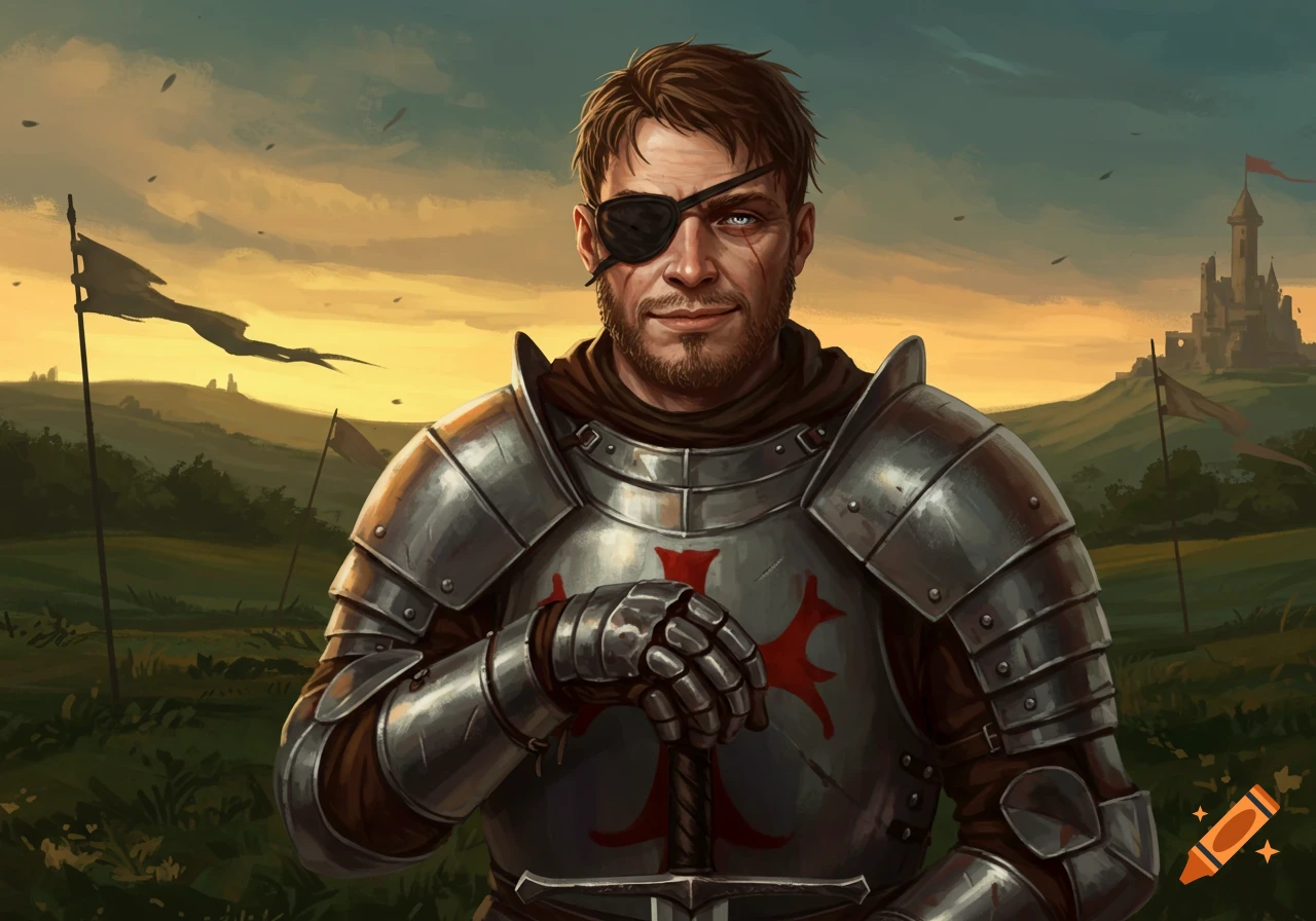 A rugged knight with an eyepatch and beard, in full armor, smiles slightly, holding a sword in a field with a castle at sunset.