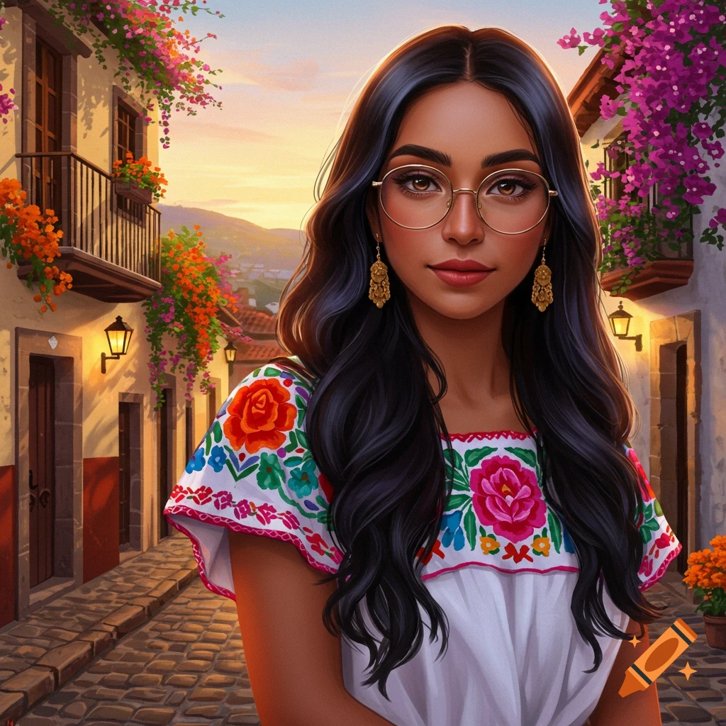 A Mexican woman with black hair, glasses, and an embroidered dress on a cobblestone street in a colorful town at sunset.