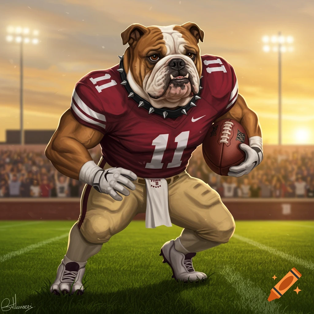 A muscular, anthropomorphic bulldog football player in a red jersey with number 11 and a spiked collar, holding a football, on a field with stadium lights at sunset. Stylized illustration.