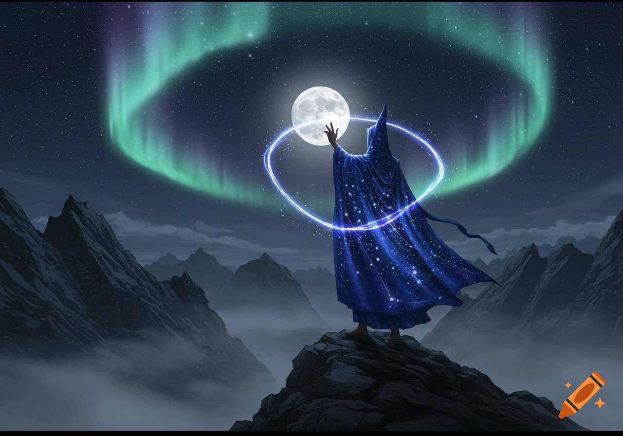 A robed figure with a starry cloak stands on a mountain peak, raising a hand to the full moon encircled by a blue glowing ring, under an aurora-lit night sky.